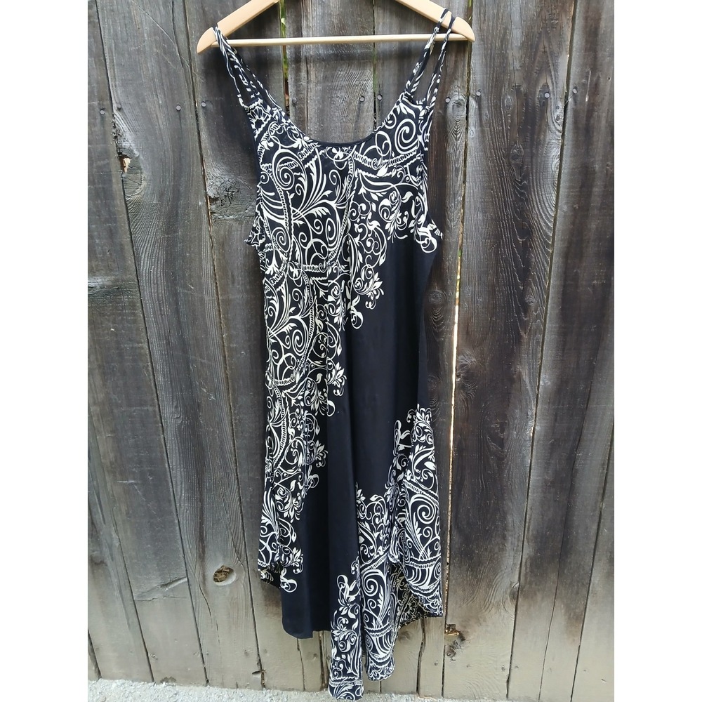 Kathmandu Imports‎ Boho Midi Dress Black White Scroll Floral Hanky Hem OS